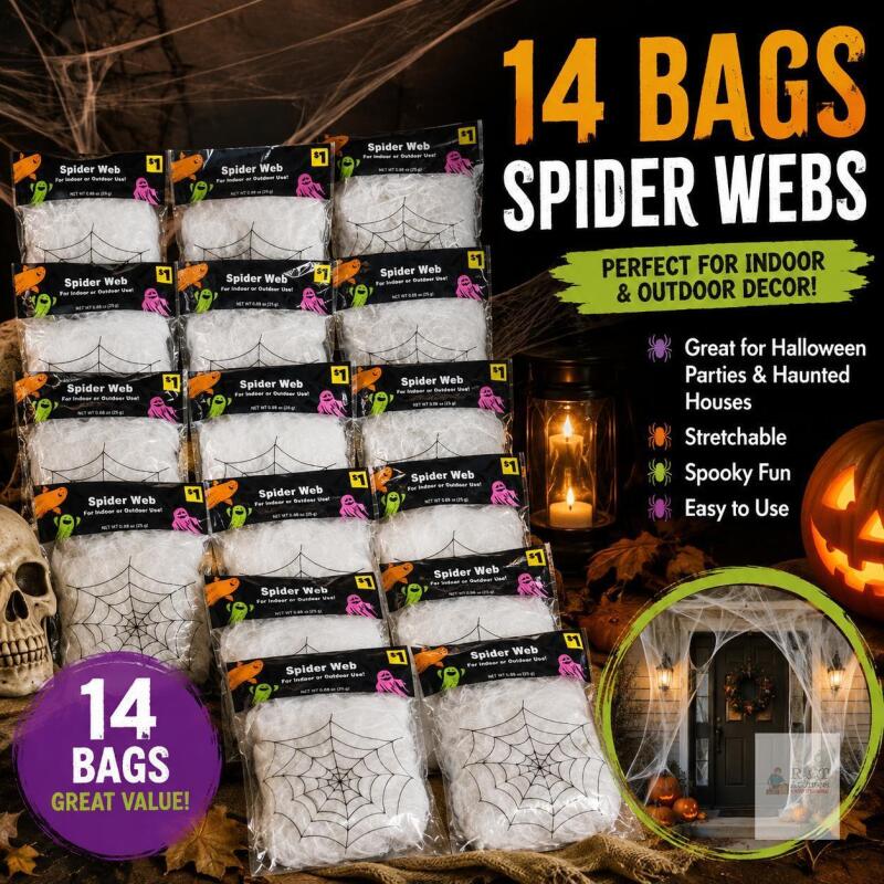 14-Pack Halloween Spider Web Decorations, 0.88 oz Each, Indoor/Outdoor, White, Sealed Packaging
