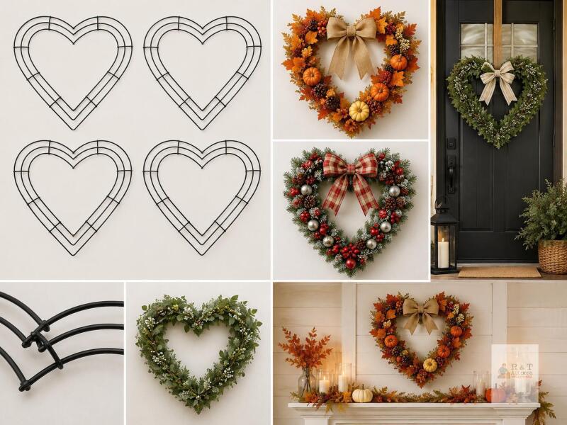 10 Inch Heart-Shaped Wire Wreath Forms, Black, Set of 4, Steel, for Crafts and Decor,