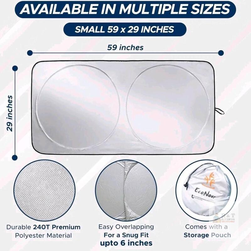 EcoNour Car Windshield Sunshade 59"x29" Foldable 240T Polyester with Storage Pouch, Silver