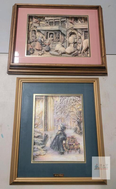 Framed 3D Relief Art Prints: "Star of Wonder" & European Market Scene