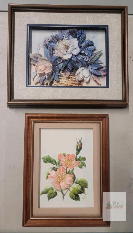 Handcrafted 3D Paper Tole Framed Floral Art 1995, Pink and Blue Flower Basket, Signed by Molly