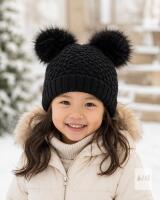 NEW Creekstone Kids Black Satin-Lined Winter Beanie Hat with Double Faux-Fur Pom Poms, Ages 1&ndash;7