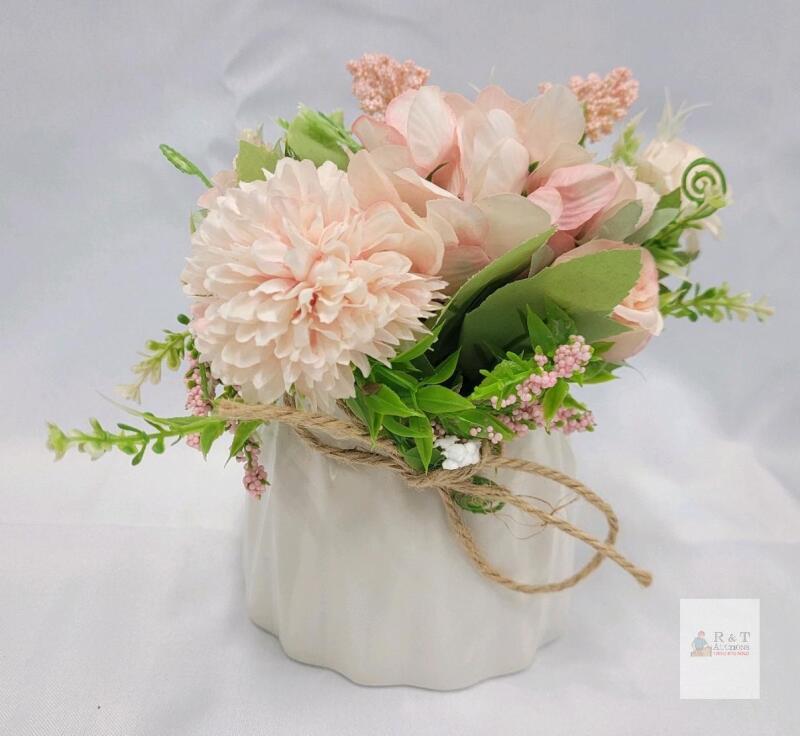 Artificial Floral Arrangement in White Ceramic Vase with Twine Bow, Approx. 6.7" Tall