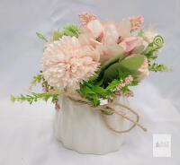 Artificial Floral Arrangement in White Ceramic Vase with Twine Bow, Approx. 6.7" Tall