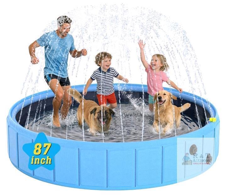 87" Foldable Pet Pool with Sprinkler, Blue, PVC with Reinforced PP Panels