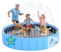 87" Foldable Pet Pool with Sprinkler, Blue, PVC with Reinforced PP Panels