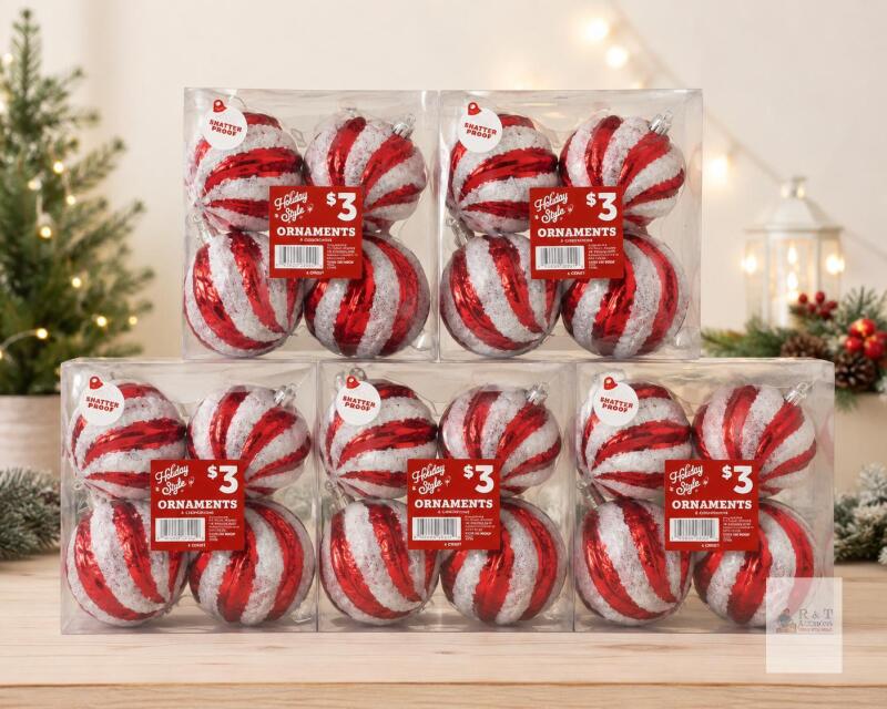 5 Packs Holiday Style Red & White Shatterproof Christmas Ornaments &ndash; 4 Count Each
