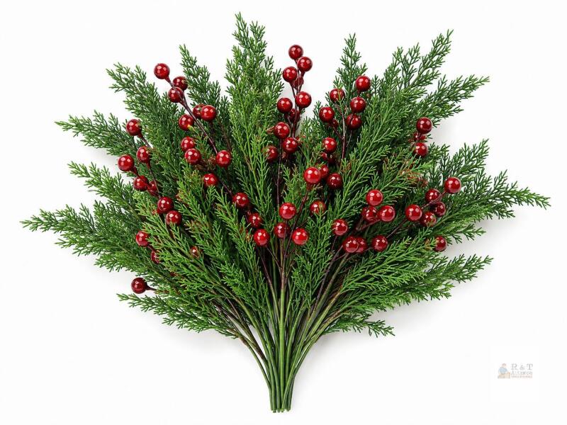New MEMOVAN 45PCS Christmas Norfolk Pine Branches with Red Berry Stems Artificial Christmas Green Pine Stem Faux Cedar Pine Needles with Holly Berries Greenery Pine Picks Sprays for Vases Xmas Tree Wreath