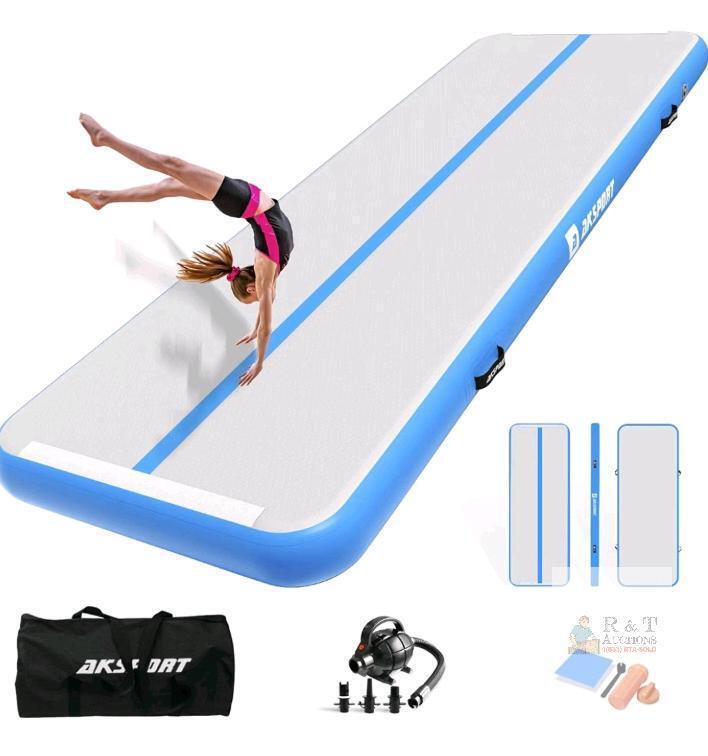 AKSPORT 10ft Inflatable Air Track Mat &ndash; Blue/Gray, 1000D Drop Stitch PVC, Includes Pump & Accessories