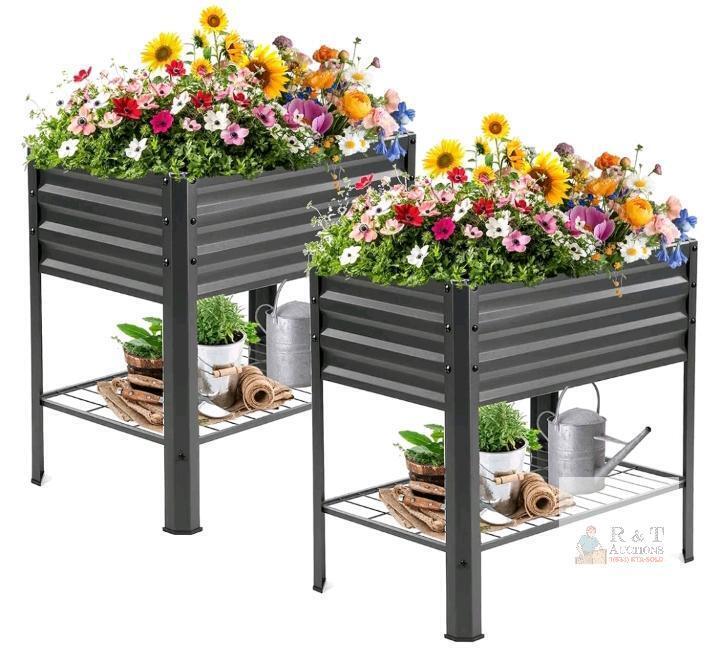 Veezyo Raised Metal Garden Bed with Shelf, Set of 2, 31.8"x20"x31.5", Black, SKU HYX-190620-2A