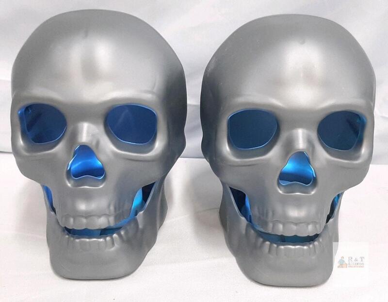 Pair of Silver Skull LED Lights with Blue Glow, Plastic, 8" Tall, Battery-Powered, Halloween Decor