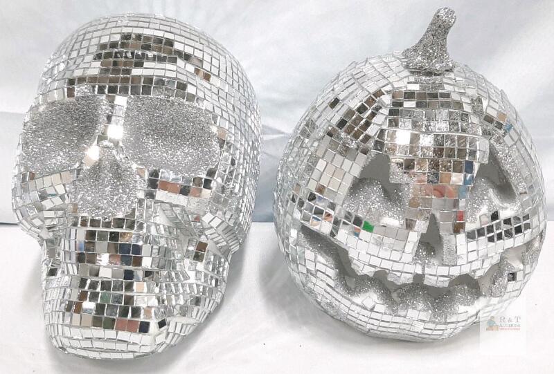 Mirrored Mosaic Skull and Jack-o&rsquo;-Lantern Halloween Ornaments &ndash; Set of 2, 6-Inch Each