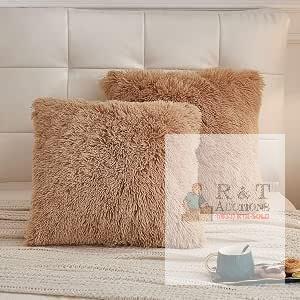 LIFEREVO 18"x18" Camel Faux Fur Pillow Covers, Set of 2, Hidden Zipper Closure