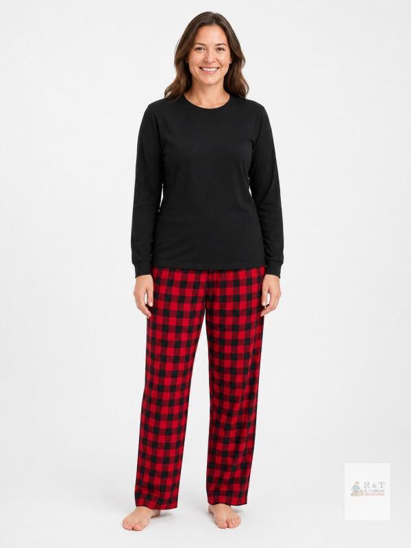 New Size MED Women&rsquo;s 2-Piece Plaid Pajama Set, &ndash;All Black Top & Red plaid bottoms