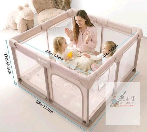 Joypony Baby Playpen, 50"x50"x27", Mesh Sides, Play Mats, Zippered Door, Beige, Large Square