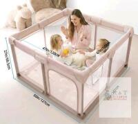 Joypony Baby Playpen, 50"x50"x27", Mesh Sides, Play Mats, Zippered Door, Beige, Large Square