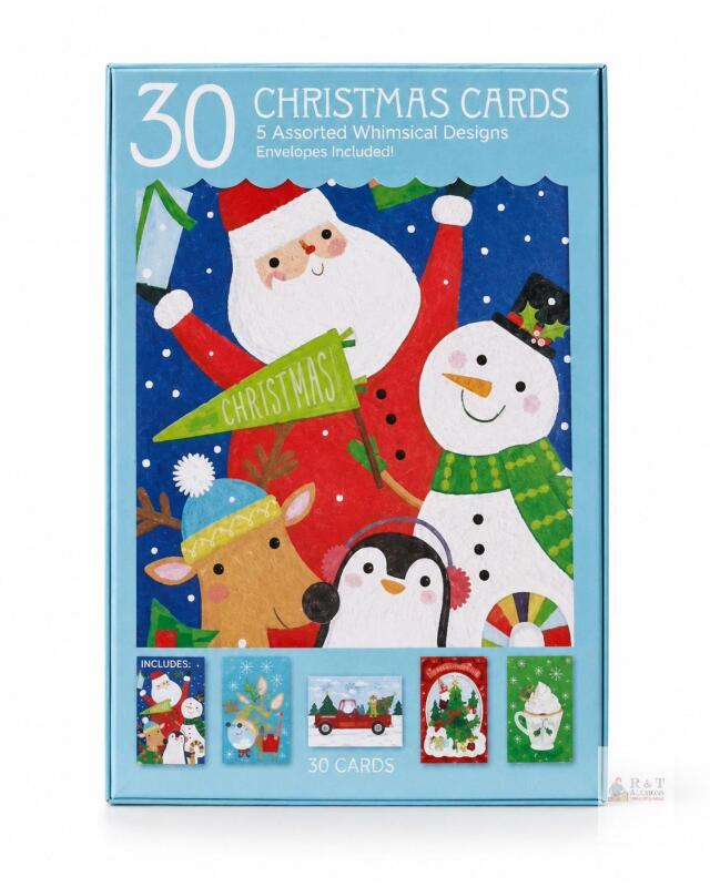 30 Assorted Whimsical Christmas Cards with Envelopes &ndash; 5 Designs