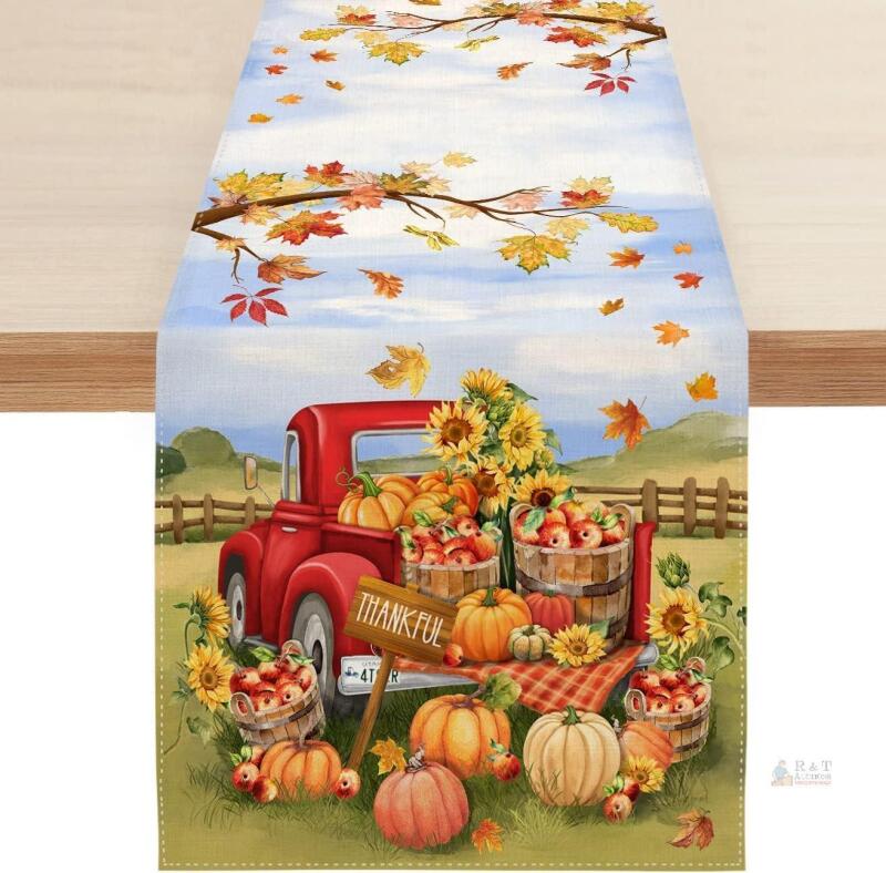New Fall Pumpkin Table Runner, Farm Apple Truck Autumn Thanksgiving Table Runners for Kitchen Dining Coffee or Indoor and Outdoor Home Parties Decor 13 x 72 Inches SK087
