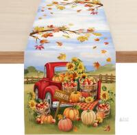 New Fall Pumpkin Table Runner, Farm Apple Truck Autumn Thanksgiving Table Runners for Kitchen Dining Coffee or Indoor and Outdoor Home Parties Decor 13 x 72 Inches SK087