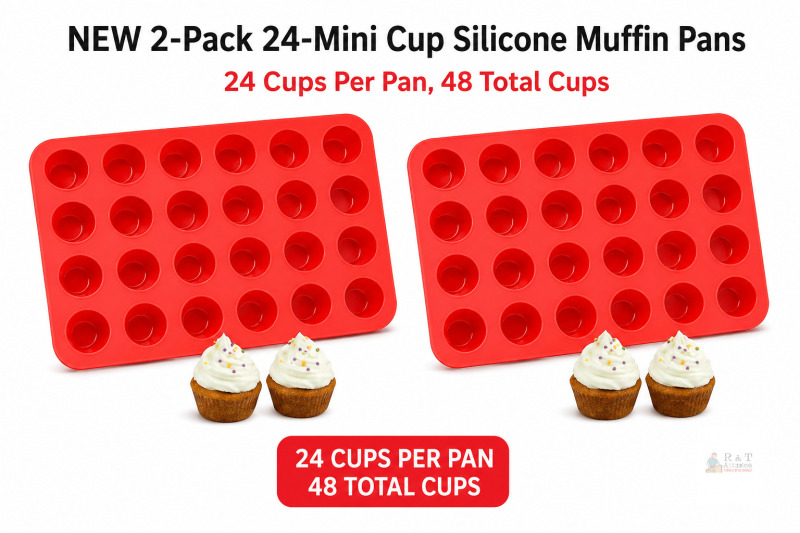2 New 24-Mini Cups Silicone Muffin Pans, Reusable Cupcake Baking Pan Moulds, Nonstick BPA Free Silicone, 8.9" &times; 13" Each