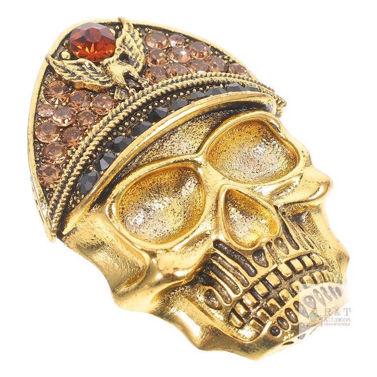 New Gold-Tone Rhinestone Skull Brooch