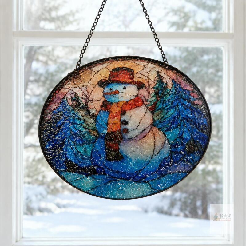NEW Oval Crackle-Glass Snowman Suncatcher/Window Hanging with Chain