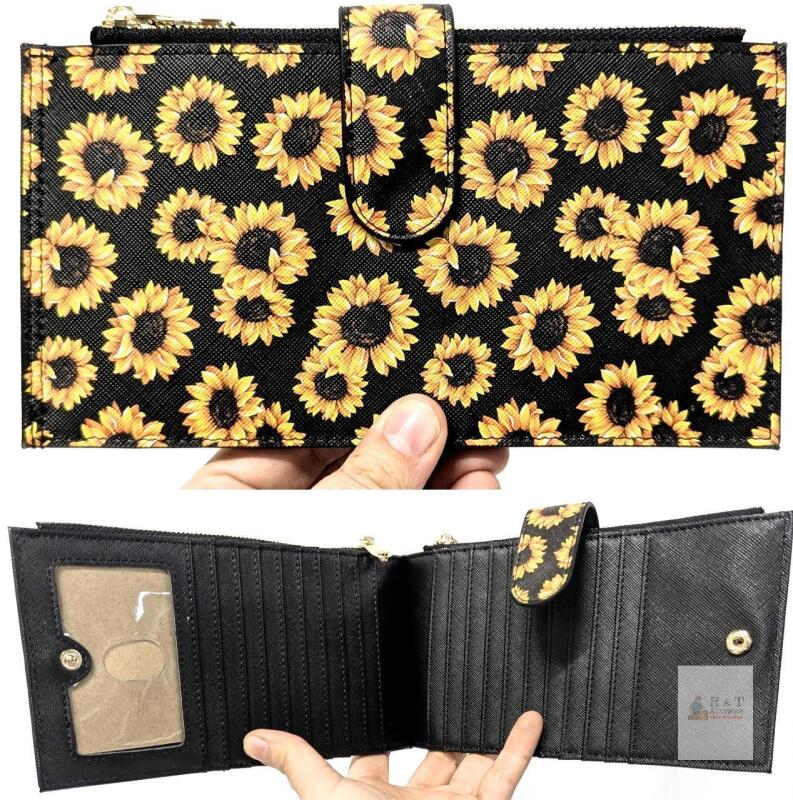 New Feith & Felly Sunflower Women's Card Case Wallet with Tons of Room For Cards + 2 Zippered Sections For Coins or Cash