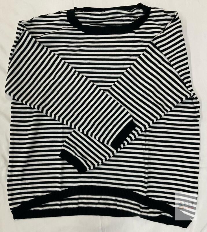 NEW AOISAGULA Women's Black White Striped Crew Neck Long Sleeve Sweater, Size Large,