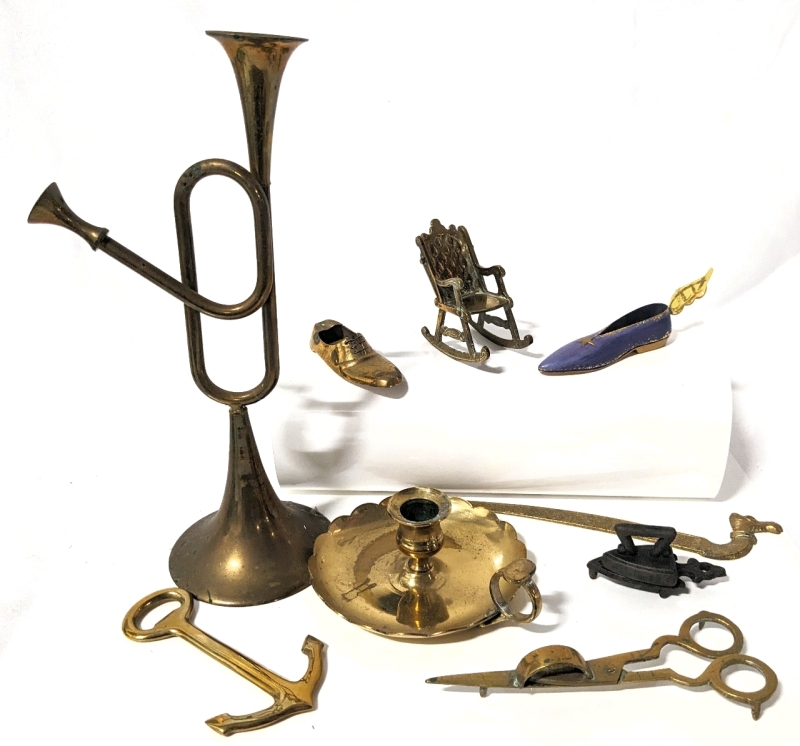 Brass & Copper Collectibles: Replica Horn, Candlestick Holder + Wick Cutter, Cast Metal Iron on Trivet & More!