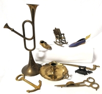 Brass & Copper Collectibles: Replica Horn, Candlestick Holder + Wick Cutter, Cast Metal Iron on Trivet & More!