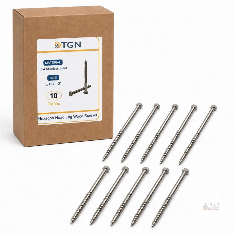 **NEW TGN 10-Pc 5/16" x 12" 304 Stainless Steel Hex-Head Lag Wood Screws**