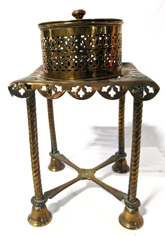 Vintage Brass Fireplace Hearth Teakettle Trivet / Stand & Pierced Brass Potpourri Box with Lid.