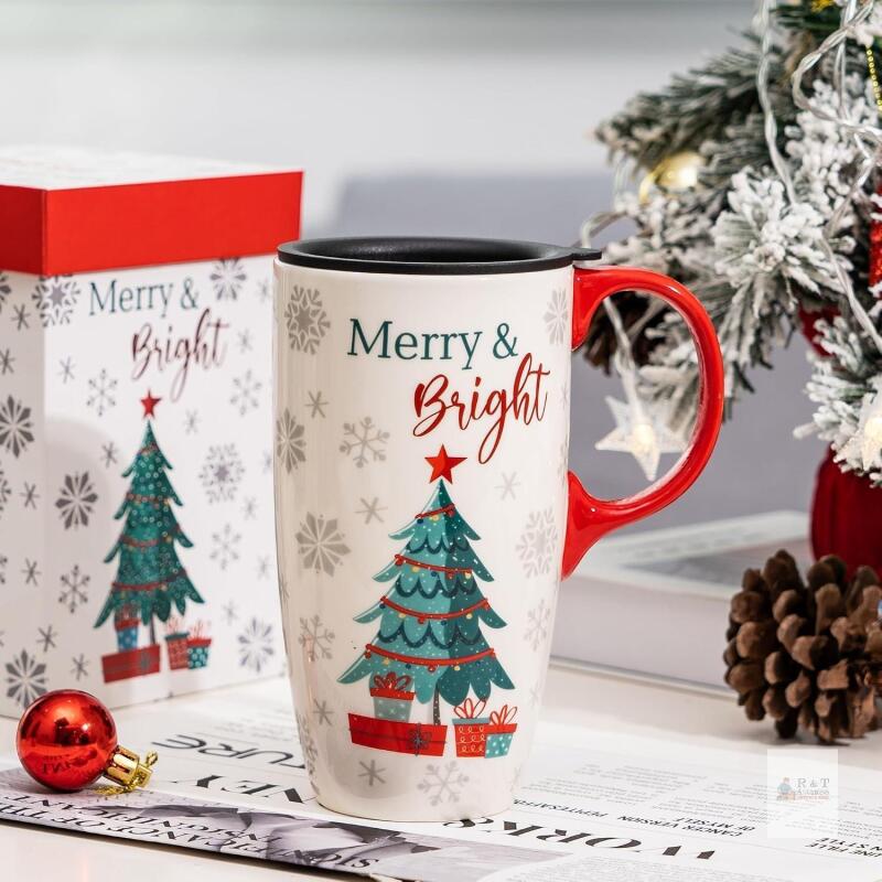 Retail $39.99 Topadorn Christmas Mug Ceramic for Coffee or Tea Sealed Lid 17 oz.with Gift Box,Christmas Tree
