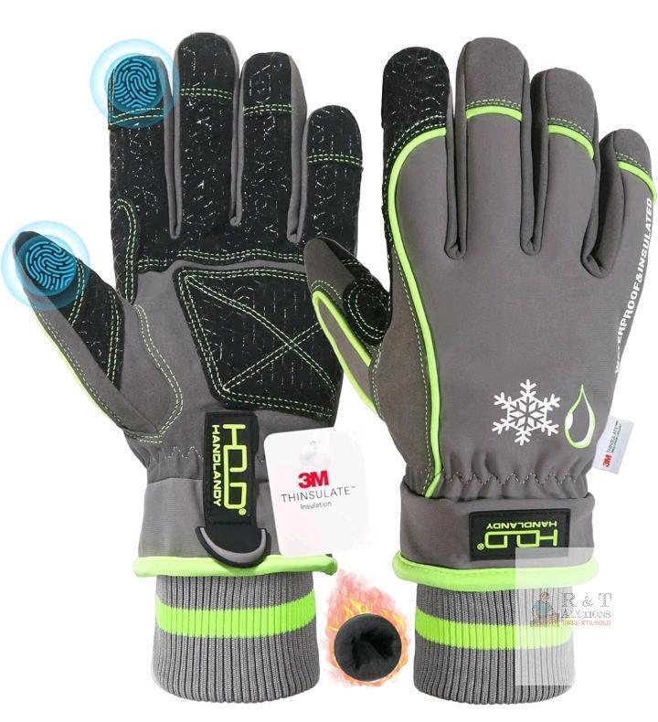 HANDLANDY 8030-S Waterproof Insulated Work Gloves Small, Touchscreen, 3M Thinsulate, Gray/Green