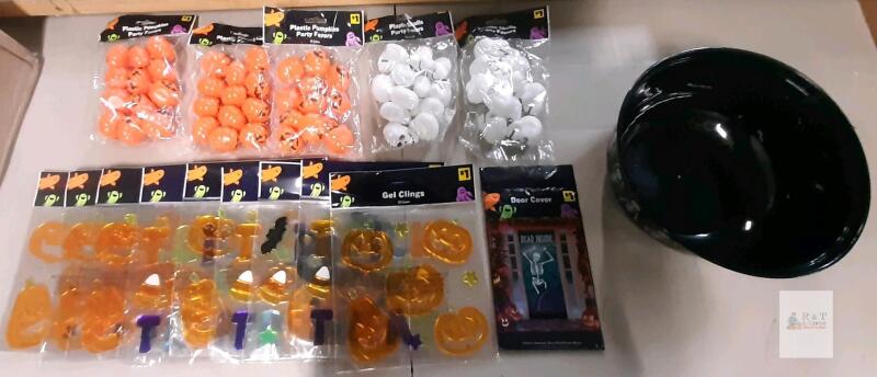 Halloween Plastic Pumpkin & Skull Party Favors, Gel Clings, Door Cover, and Skeleton Bowl Set