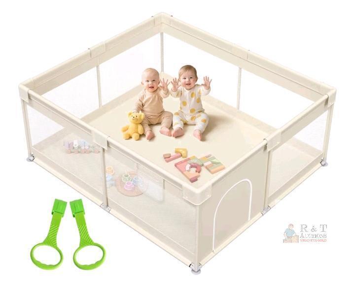 Large Baby Playpen, 69"x59"x27", Zipper Door, Beige, Includes Pull Rings & Assembly Kit