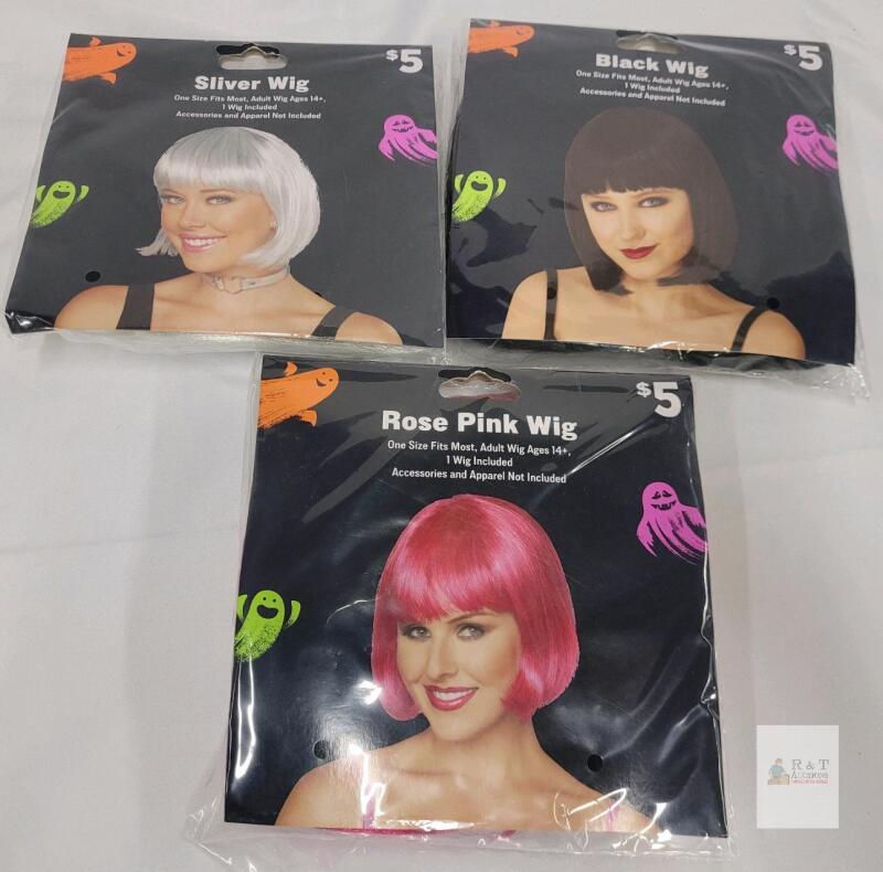 Adult Costume Wigs - Rose Pink, Silver, Black - One Size Fits Most