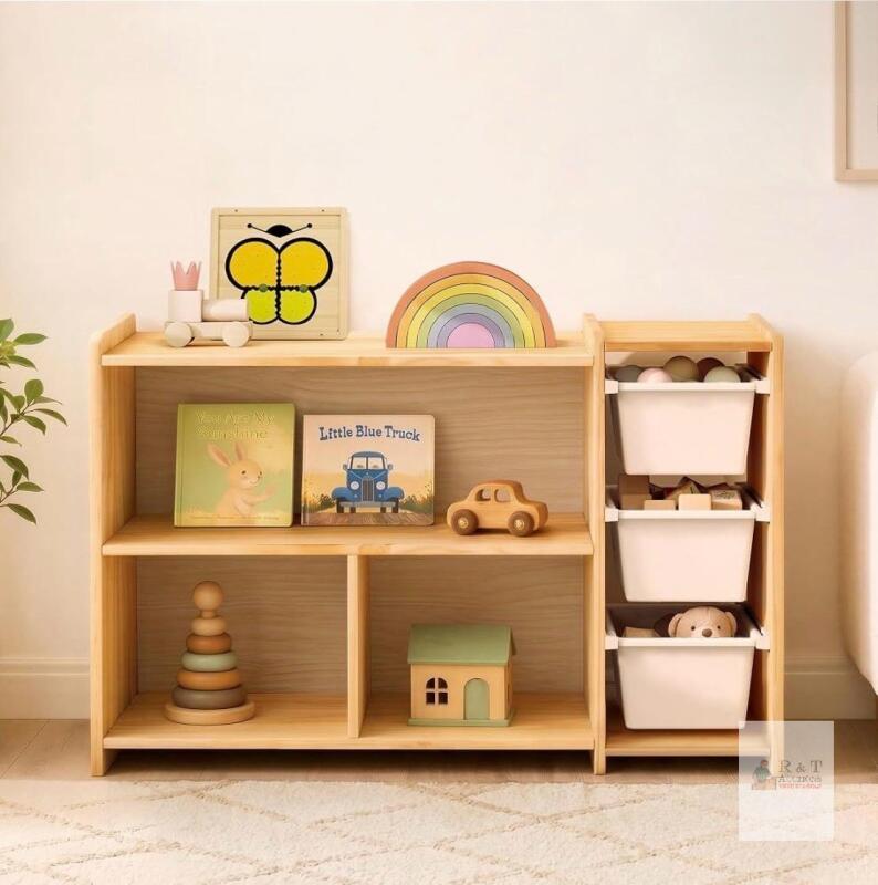 MallBest 3-Bin Montessori Storage Shelf, Natural Wood Frame with White Bins, 34.8" W x 11.8" D x 21.7" H