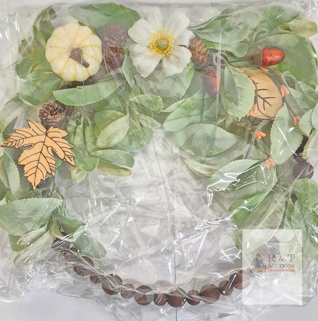 TEMPUS 16 Inch Artificial Fall Wreath with Wood Beads Pumpkin Leaves Flowers Wall Window Decor
