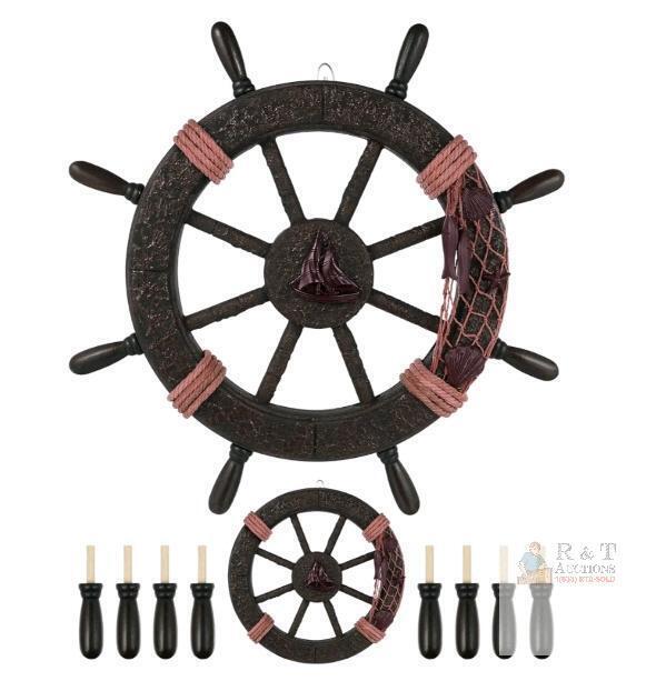 Mediterranean Nautical Ship Wheel Wall Decor, 17.3"x12.5", Rope & Net Accents,