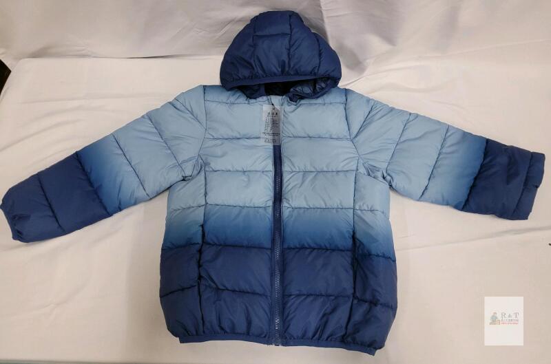 Children's Size 130 Blue Ombr&eacute; Puffer Jacket with Hood, Lightweight Polyester, Zipper Closure