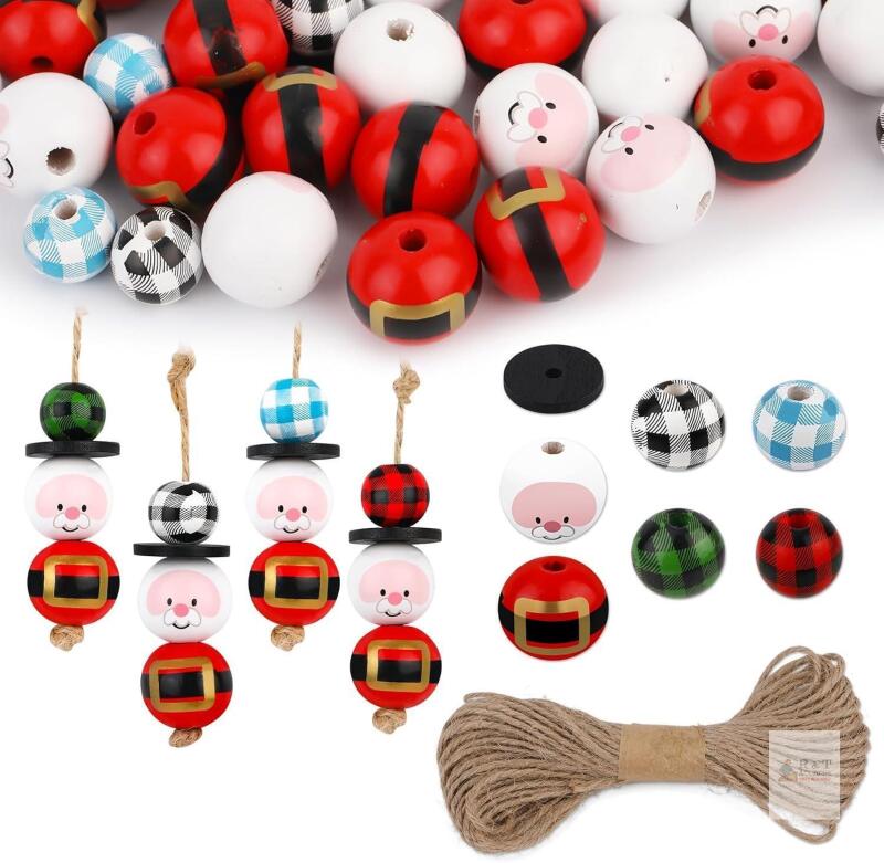 160pcs Christmas Wooden Beads for Crafts, Santa Claus and Father Christmas Ornament Kits With 10m/39.37in Twine, Craft Supplies for all ages