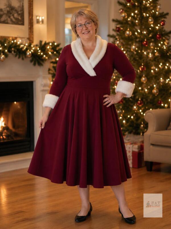 New Women's Christmas Midi Dresses Elegant V-Neck Fur Trim Dresses Mrs Santa Costume Swing Cosplay Outfits Party Dress