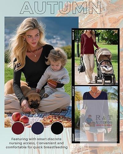 New Huukeay 2XL 3 Pack Maternity Nursing Tops Breastfeeding Shirts | Soft Pregnancy Shirts, Long Sleeve Postpartum Tees, Hidden Zippers Design, Casual V Neck, Comfy Lounge Wear, Hospital Clothes - Color Black, Navy Blue, Wine Red