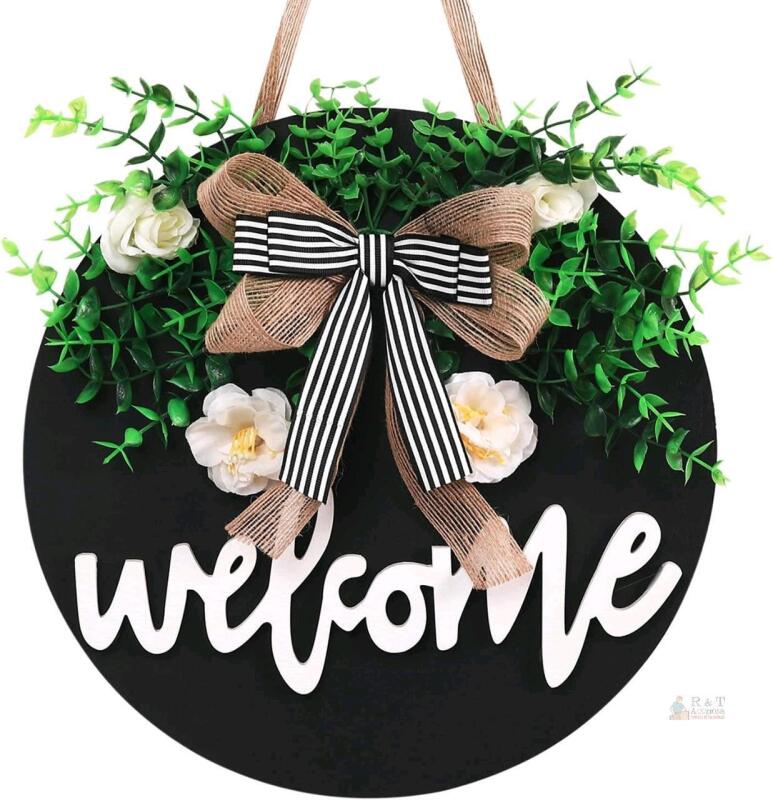 New VUDECO Front Door Welcome Sign - Farmhouse Rustic Black Welcome Sign - 12" Round Wooden Sign with Greenery
