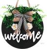 New VUDECO Front Door Welcome Sign - Farmhouse Rustic Black Welcome Sign - 12" Round Wooden Sign with Greenery