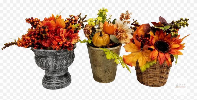 Set of 3 Artificial Fall Floral Arrangements with Sunflowers and Pumpkins in Decorative Pots