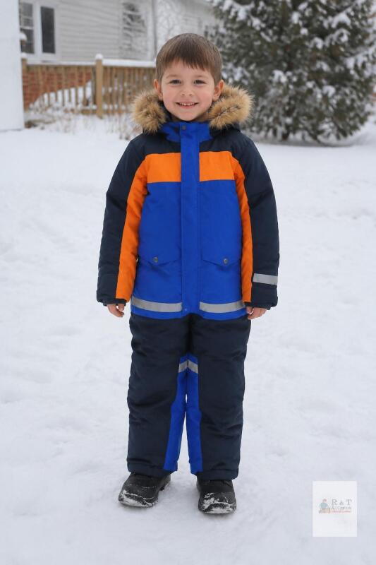Children&rsquo;s One-Piece Snowsuit Size 120, Blue/Orange, Hood with Fur Trim, Reflective Stripes