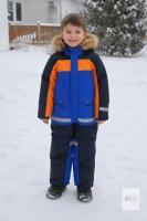 Children&rsquo;s One-Piece Snowsuit Size 120, Blue/Orange, Hood with Fur Trim, Reflective Stripes
