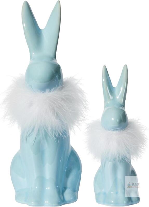 NEW IN BOX DECONATION 2PCS Easter Bunny Figurine Decoration, Blue Ceramic Rabbit Statues with White Fluff on Neck, Porcelain Bunnies